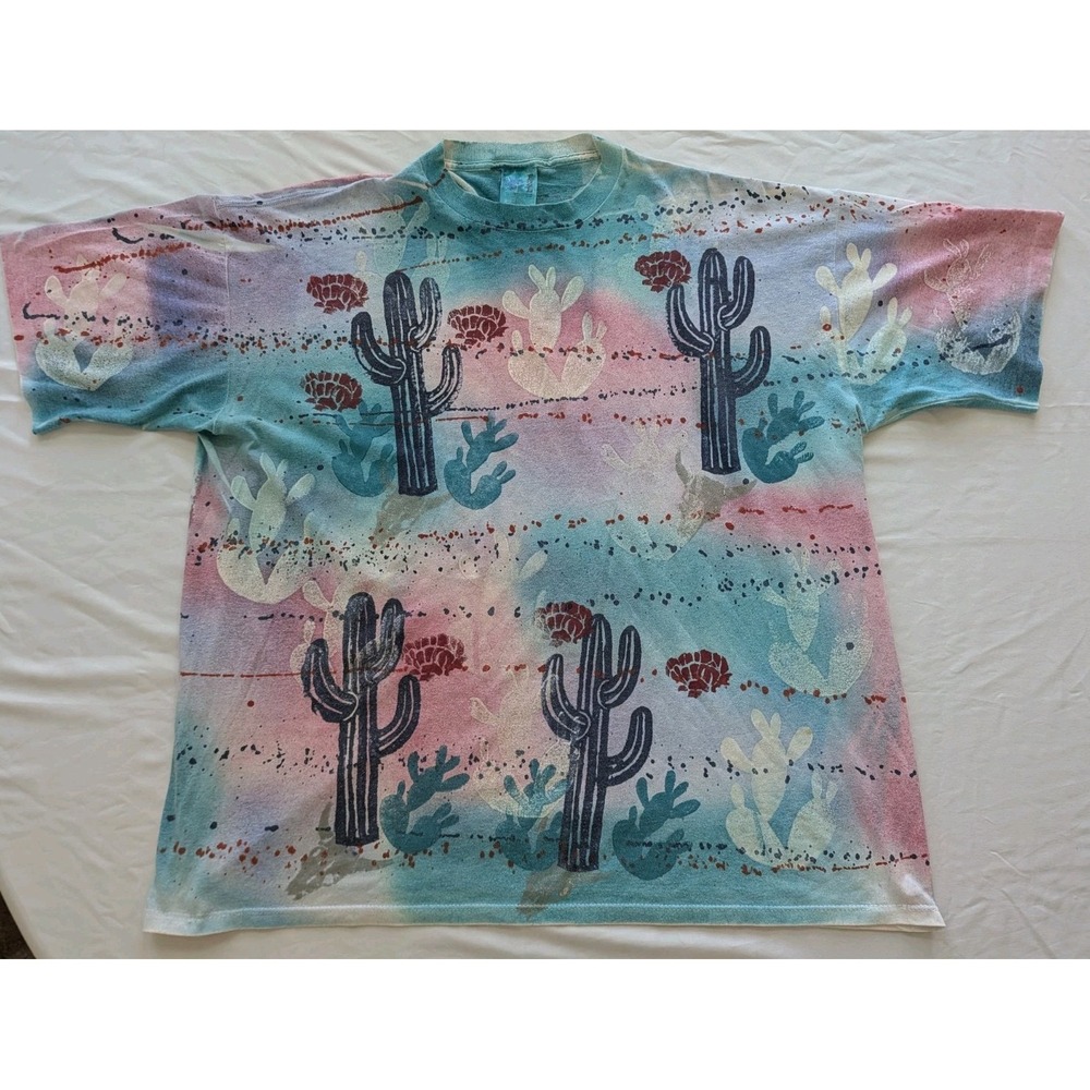 Vtg 1993 EZL Cactus All Over Print T Shirt Single Stitch Southwest Tie Dye 2XL